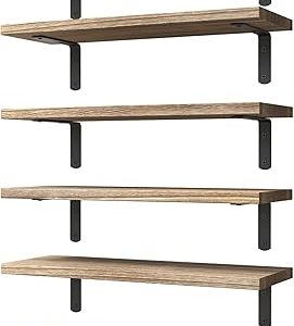 WOPITUES Wood Floating Shelves Set of 6, Shelves for Wall Decor, Farmhouse Shelf for Bedroom, Bathroom Storage Shelves, Book Shelves for Living Room - Rustic Brown