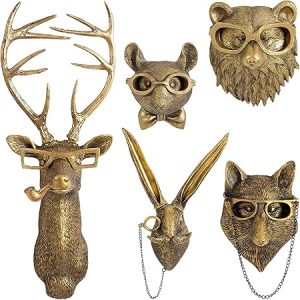 GUASDIE Animal Heads Wall Decor, Faux Deer Head Mount, Animal Sculptures Wall Decor, Resin Animal Head Wall Hanging Decoration for Living Room Bedroom Kitchen Gift,5pcs